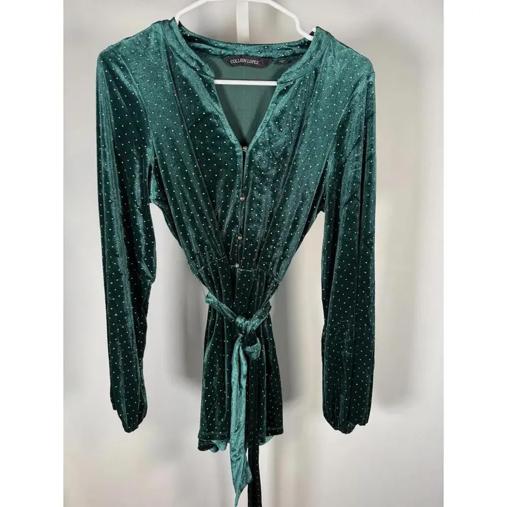 Colleen Lopez Green Velvet Studded Belted Peplum Blouse Size Medium - Picture 2 of 6